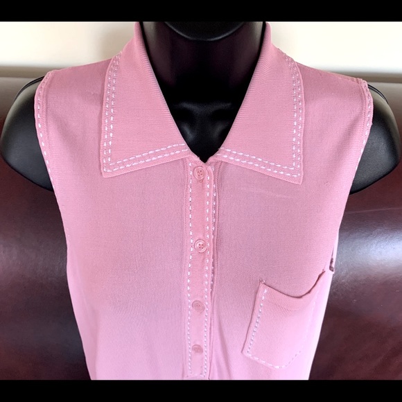 Vakko Pink Polo Style Knit Tank Top white silk stiches & chest pocket Eur 3 US M - Picture 4 of 5